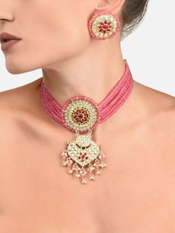 Zaveri Pearls - Pink Multistrand Kundan Choker Necklace & Earring Set-ZPFK11550