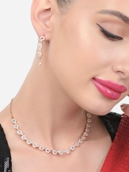 Zaveri Pearls - Rose Gold Cubic Zirconia Contemporary Necklace and Earring Set-ZPFK15482