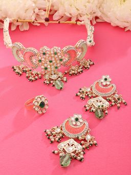 Zaveri Pearls - Pink Green Multistrand Choker Necklace Earring and Ring Set-ZPFK15652
