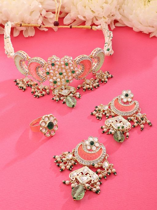 Zaveri Pearls Pink Green Multistrand Choker Necklace Earring and Ring Set-ZPFK15652