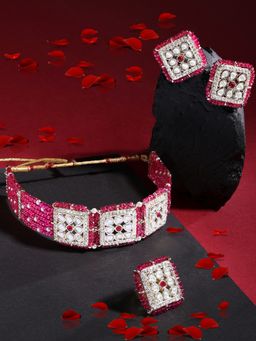 Zaveri Pearls - Dark Pink Crsytal Multistrand Necklace Earring and Ring Set-ZPFK15656