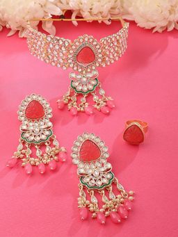 Zaveri Pearls - Pink Stones Beads Kundan Choker Necklace Earring and Ring Set-ZPFK15657