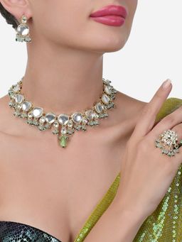 Zaveri Pearls - Turquoise Green Kundan Choker Necklace Earring and Ring Set-ZPFK15658