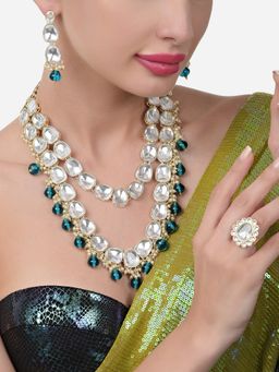 Zaveri Pearls - Green Drop Layered Bridal Kundan Necklace Earring and Ring Set-ZPFK15660