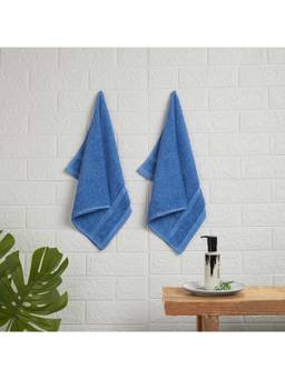 Welspun - Blue Quik Dry Cotton 380 Gsm Dobby Weave Plain Hand Towels (Pack of 2)