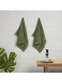 Welspun - Green Quik Dry Cotton 380 Gsm Dobby Weave Plain Hand Towels (Pack of 2)
