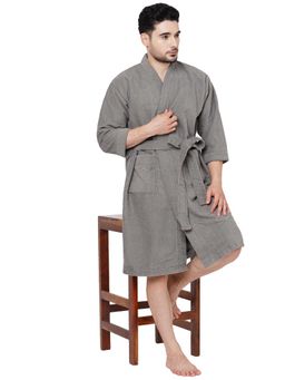 Welspun - Grey Dew Cotton 325 Gsm Dobby Weave Plain Bath Robe (L)