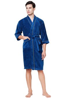 SPACES - Navy Blue Exotica Cotton 350 Gsm Dobby Plain Bath Robe (L)