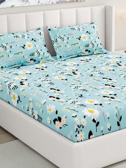 RIVERMOOR - Blue Ultrasoft Floral Fitted Bedsheet with 2 Pillow Covers (Double)
