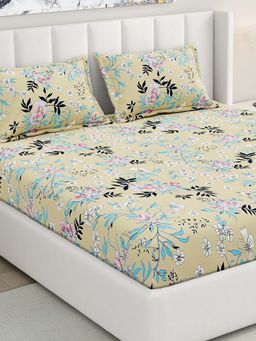 RIVERMOOR - Beige Ultrasoft Floral Fitted Bedsheet with 2 Pillow Covers (Double)