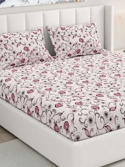 RIVERMOOR - Beige Ultrasoft Floral Fitted Bedsheet with 2 Pillow Covers (Double)