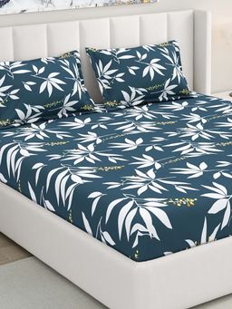 RIVERMOOR - Navy Blue Ultrasoft Floral Fitted Bedsheet with 2 Pillow Covers (Double)