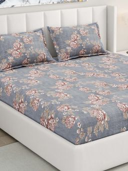 RIVERMOOR - Grey Ultrasoft Floral Fitted Bedsheet with 2 Pillow Covers (Double)