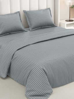 RIVERMOOR - Grey Ultrasoft Satin Stripes Bedsheet with 2 Pillow Covers (Double)