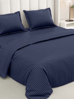RIVERMOOR - Navy Blue Ultrasoft Satin Stripes Bedsheet with 2 Pillow Covers (Double)