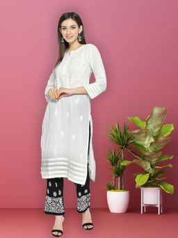 ADA - Hand Embroidered White Cotton Lucknow Chikankari Kurta And Pant A100021 (Set of 2)(XS)