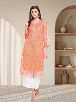 ADA - Peach Embroider Faux Georgette Lucknowi Chikan Kurta with Slip (Set of 2) (XS) (A100280)
