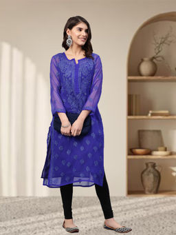 ADA - Hand Embroidered Royal Blue Georgette Lucknow Chikan Kurta with Slip (Set of 2) (XS) (A229395)