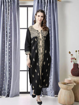 ADA - Hand Embroidered Black & Fawn Lucknowi Chikankari Cotton Kurta