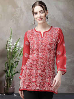 ADA - Hand Embroidered Lucknowi Chikankari Red Georgette Kurti