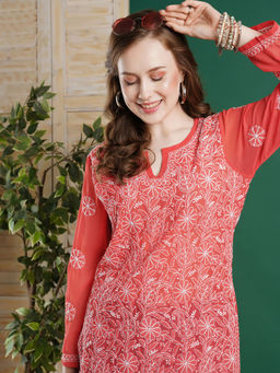 ADA - Hand Embroidered Lucknowi Chikankari Rust Georgette Kurti