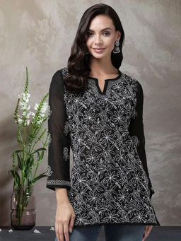 ADA - Hand Embroidered Lucknowi Chikankari Black Georgette Kurti