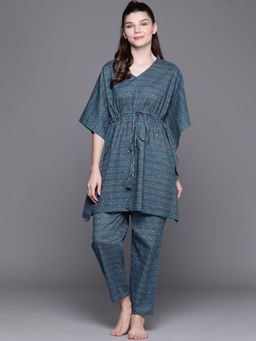 Libas - Blue Cotton Printed Kaftan with Cotton Printed Pyjamas (Set of 2)