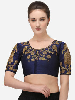 Amrutam Fab - Womens Embroidered Navy Blue Phantom Silk Stiched Blouse With Round Neck