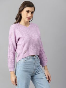 Xpose - Women Purple Cable Knit Crop Pullover Sweater
