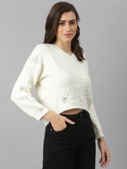 Xpose - Women White Cable Knit Crop Pullover Sweater