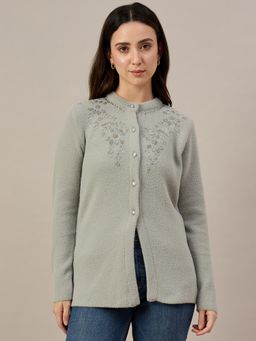 ZIGO - Women Embroidered Button Front Knit Grey Cardigan