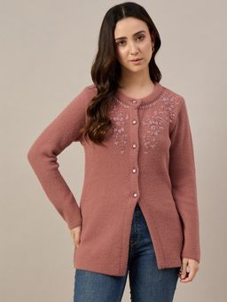 ZIGO - Women Embroidered Floral Knit Pink Cardigan