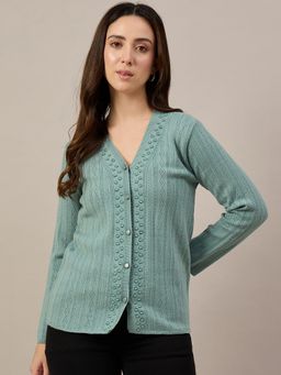 ZIGO - Women Textured V-Neck Buttoned Green Cardigan