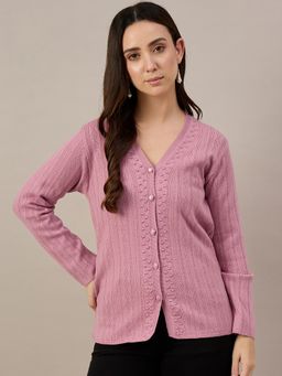 ZIGO - Women Textured V-Neck Buttoned Pink Cardigan