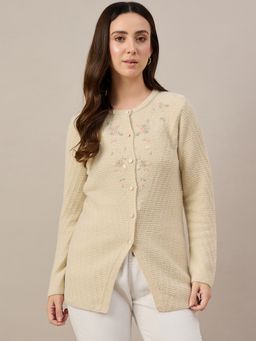 ZIGO - Embroidered Textured Knit Button-Front Beige Cardigan