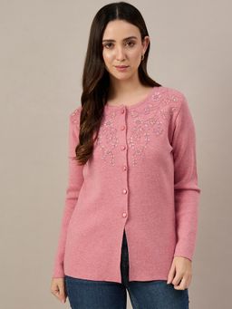 ZIGO - Women Embroidered Button Front Pink Cardigan