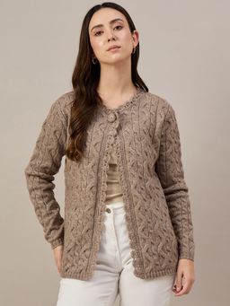 ZIGO - Women Textured Knit Scalloped Edging Brown Cardigan