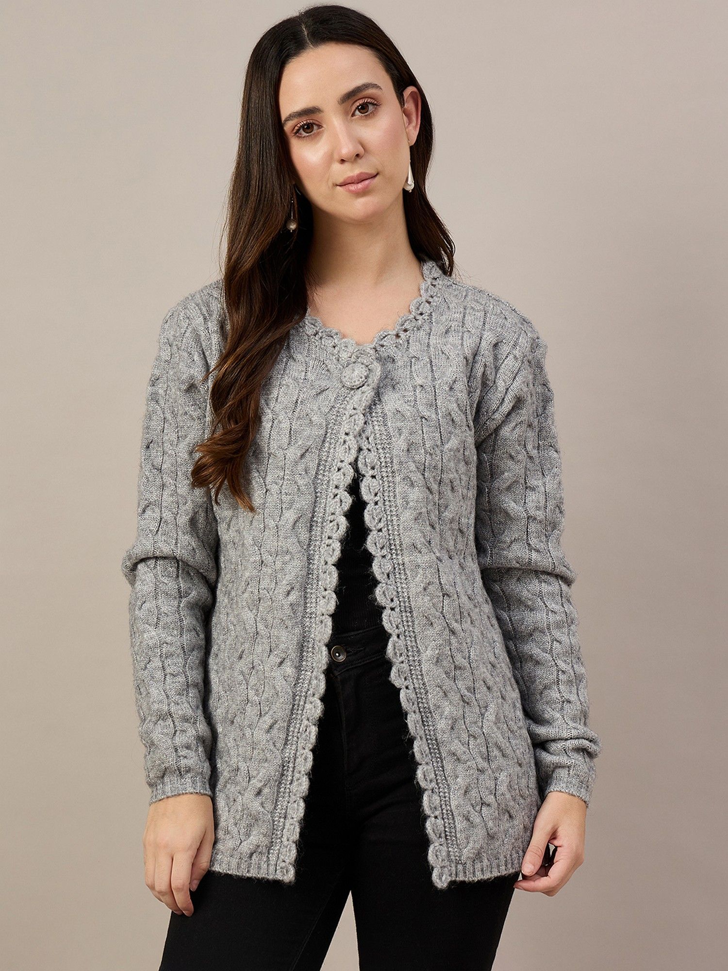 Soft Cable-Knit Buttoned Grey Cardigan-image-1