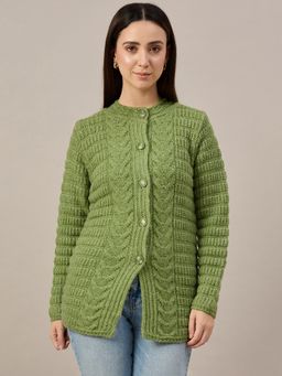 ZIGO - Women Textured Cable Knit Buttoned Green Cardigan