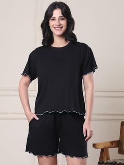 Secret Wish - Black Solid Hosiery Night Suit (Set of 2)