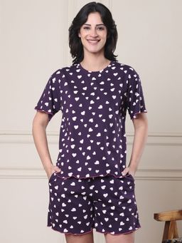 Secret Wish - Violet Heart Print Hosiery Night Suit (Set of 2)