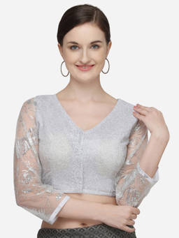 Amrutam Fab - Womens Sequences White Phantom Silk Stiched Blouse With V Neck
