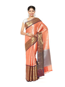 Banarasi Silk Works - Orange Kanchi Silk Brown Pattu Border Saree with Unstitched Blouse
