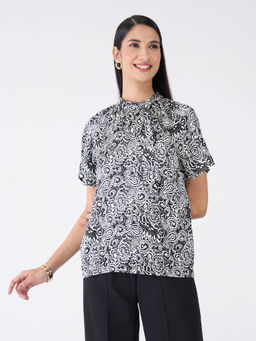 SALT Attire - Womens Black Paisley Tie Up Neck Top