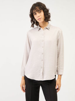 SALT Attire - Womens Grey Embellished Button Collar Neck Shirt