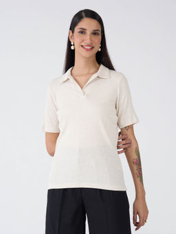 SALT Attire - Womens Cream Collared Rib Knit Polo T-Shirt
