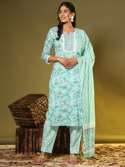 Vbuyz - Printed & Lace Work Straight Cotton Light Blue Kurta Pant Dupatta(1960) (Set of 3)