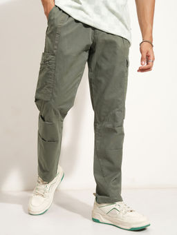 HIGHLANDER - Men Olive Solid Elasticated Relaxed Cargos