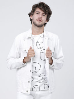 LOCOMOTIVE - Men White Solid Denim Trucker Jacket