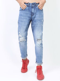 LOCOMOTIVE - Blue Men Highly Distressed Heavy Fade Stretchable Jeans